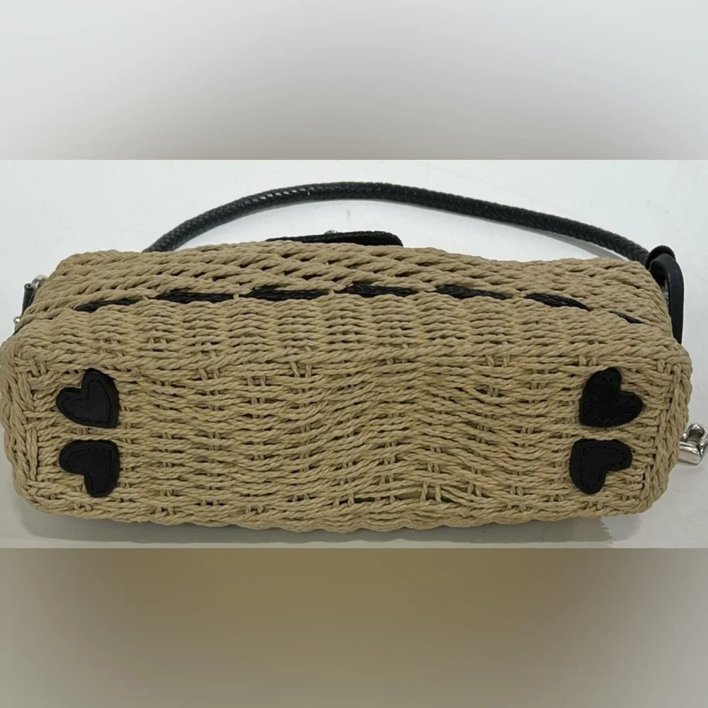 Brighton Wendy Woven Straw Jute & Black Leather Shoulder Bag Handbag Heart Charm - Picture 4 of 10